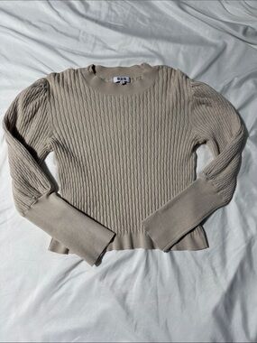 525 Cable Knit Ribbed Sweater Oatmeal Beige Large Preppy Classic Puff Sleeve